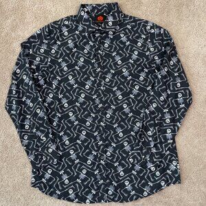Simon Banks Shirt Mens L Black Skeleton All Over Print Halloween Party Fun Dance